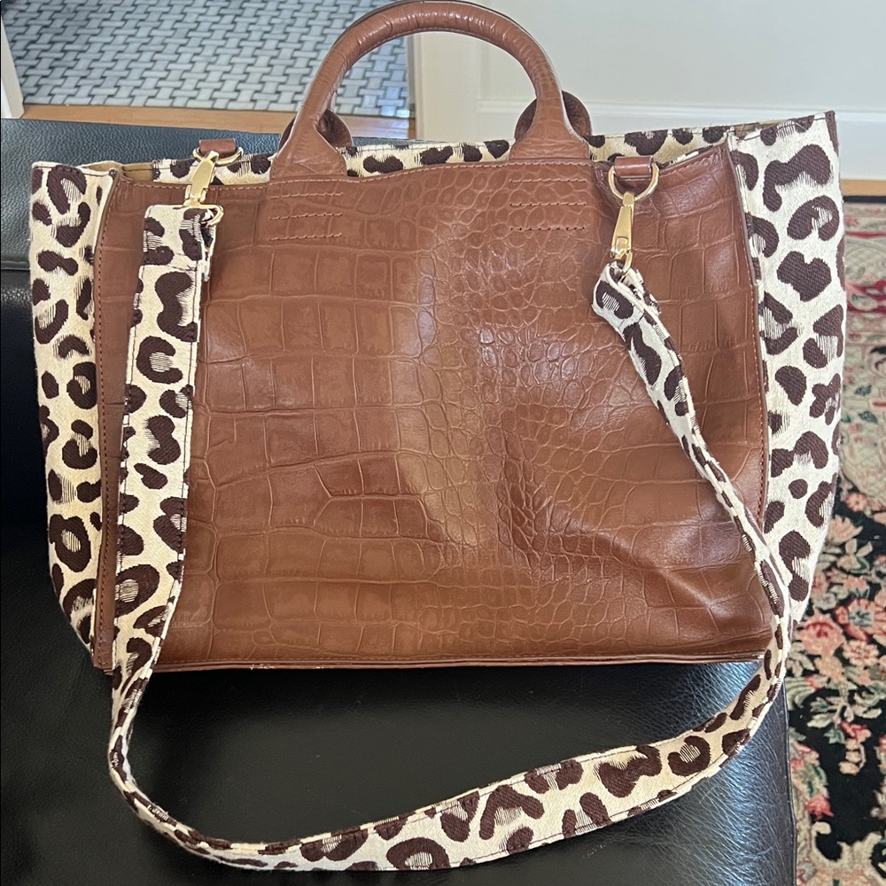Chico's Brown Croc-Embossed Tote with Leopard Strap